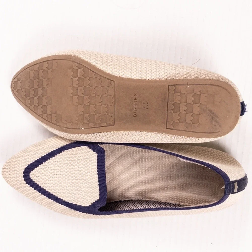 Birdies Blackbird Loafers Womens 7.5 Beige Navy Washable Knit Flats Pointed Toe